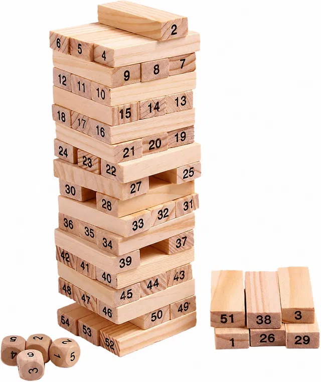 KooKumber 54 Pieces Wooden Tumbling Tower Block Stacking Game with 4 Dice