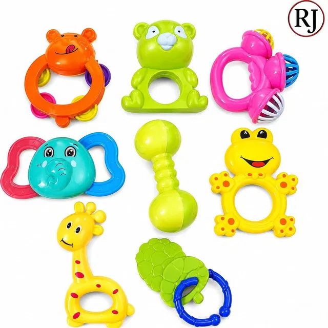 R J Rattles and Teether for Babies,baby toys 8 pcs Rattle