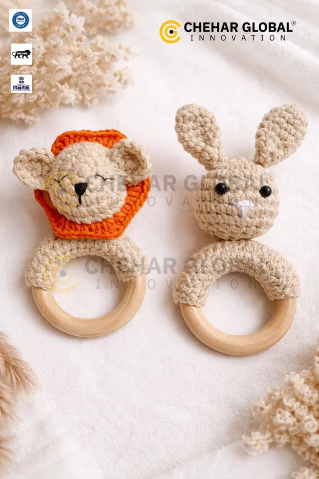 CHEHAR GLOBAL INNOVATION Crochet Baby Rattle with Wooden Ring Sensory Toy (Rabbit-Lion) Rattle