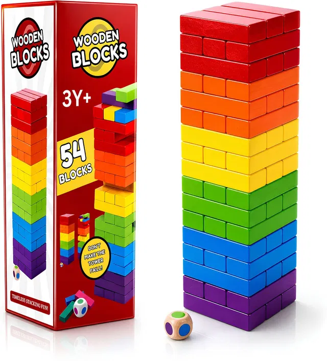 KHELO BACHO Wooden Tumbling Tower Game 54 Pieces Rainbow Color For Kids , Family Board Game