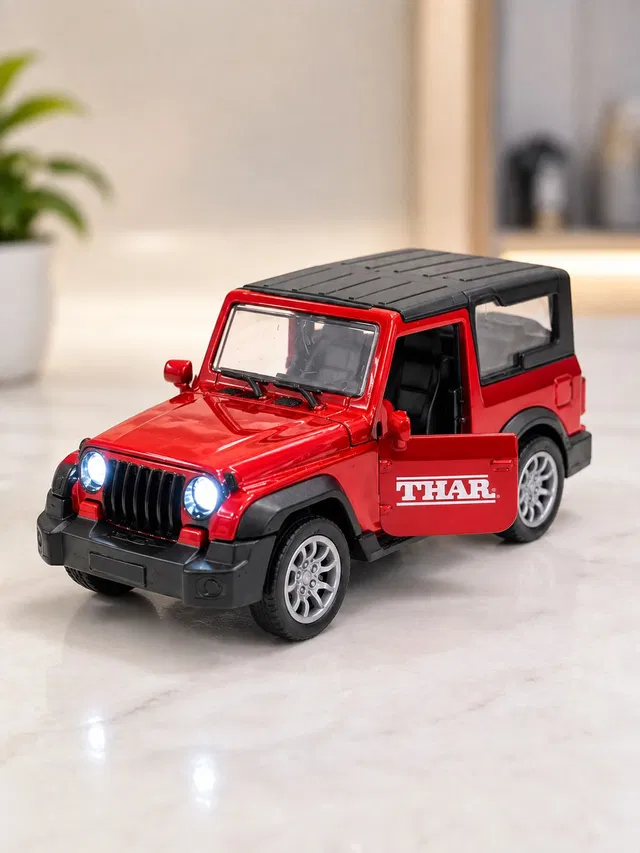 COLOR FLAME RED Metal Thar Car for Kids | 1:32 Die-Cast Pull Back Jeep | Light & Music