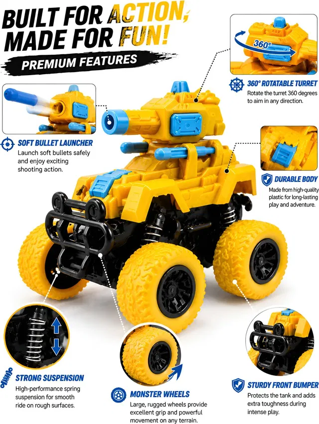 Have Fun Tank Launcher | Bullet Shooting Monster Truck Toy|360°Stunt-Push & Go| Kids Toys