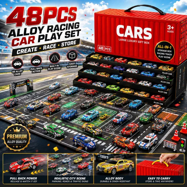 pranzo 48 Pcs Mini Alloy Die Cast Pull Back Toy Cars Set with Storage Container Box