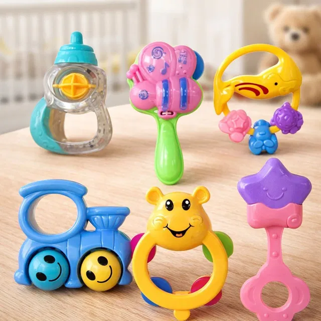kidzimania Baby Toy Rattle Set of 6 Pcs Sound Teether Combo for Newborn Baby (Multi color) Rattle