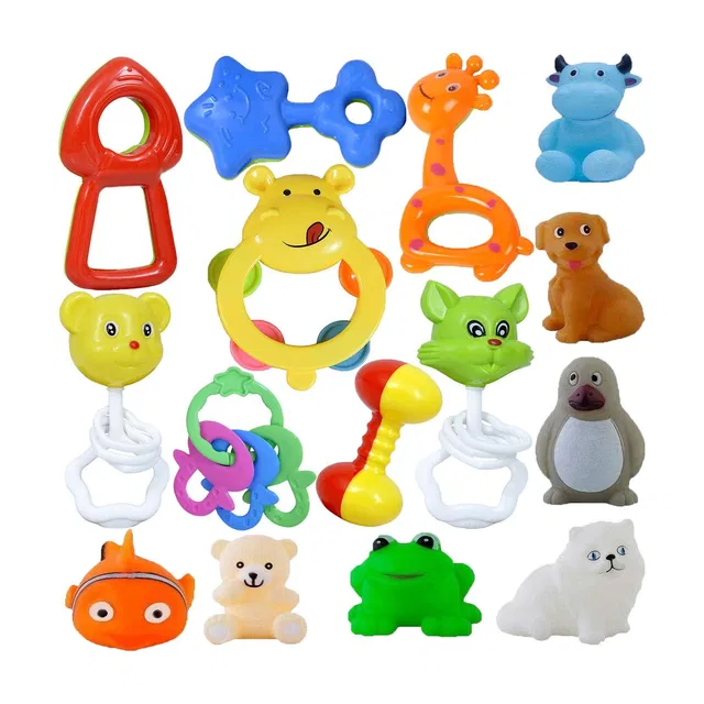 Learn With Fun 15 Pcs Set of Rattles and Animal Shape Toys Rattle Rattle
