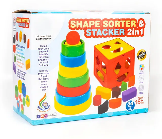 Planet of Toys Shape Sorter & Stacker 2-in-1 Educational Toy | Colorful Shapes – Learn Sorting