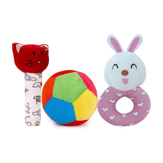 SnugglePuff Super Saver Soft Toy Combo (3-in-1): Kitty Rattle, Bunny Rattle & 11cm Ball Rattle