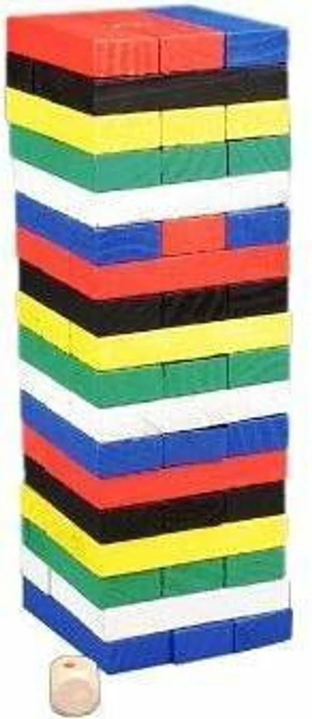 WHITE POPCORN Stacking Building Tower Game with Dices for Kids 54 Pcs Wooden Coloured Blocks