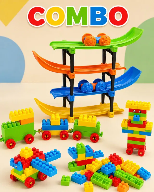 Jasmine collection Kids Learning Toy Combo 55 Piece Blocks with 4 Layer Ramp and 2 Cars Play Set