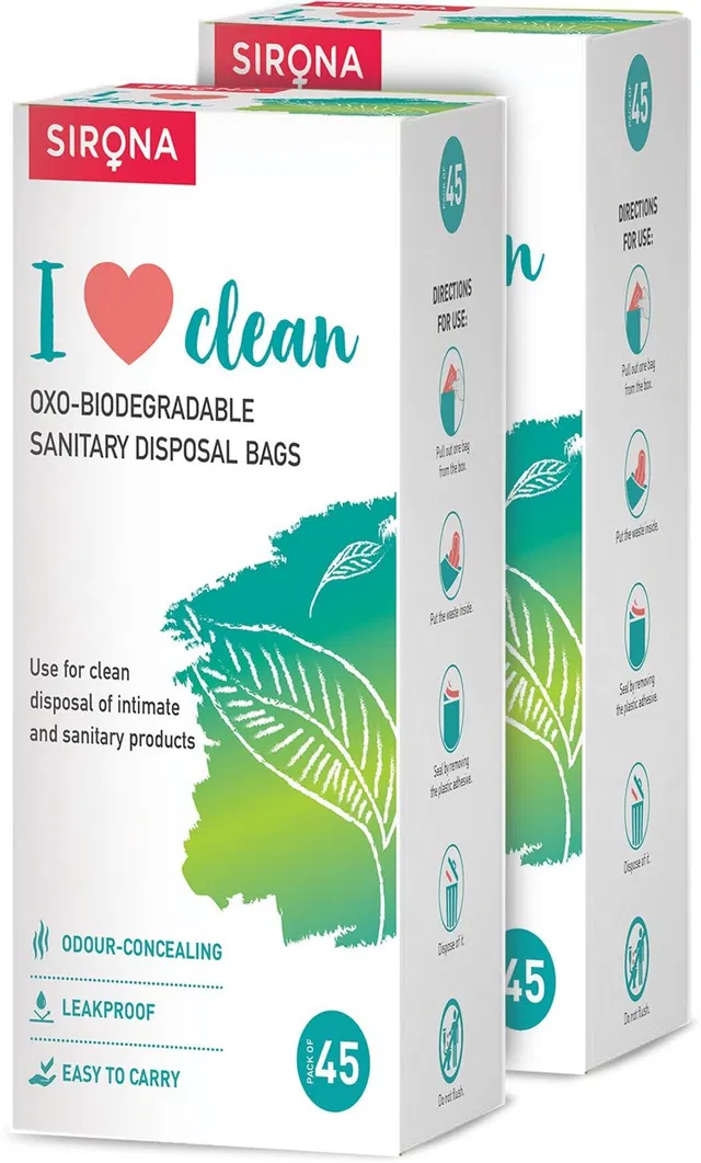 SIRONA Sanitary Disposable Bags - 90 Bags (2 Pack - 45 Bags Each) for Discreet Disposal of Tampons, Condoms, Sanitary Pads, Panty Liners & Personal Hygiene Waste Baby Diapers and Sanitary Disposal Bags