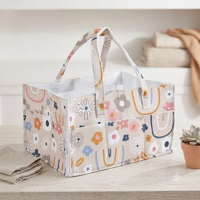 Venoy Flower Pattern Baby Nappy Caddy with Removable Dividers diaper bag