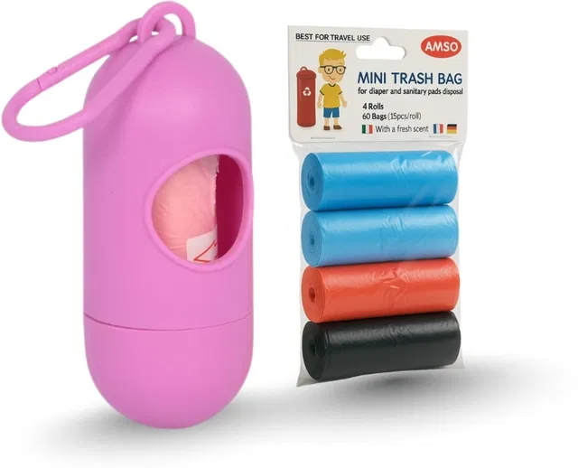 Amso Portable Diaper Garbage Bag Holder with Multi-Color Refill Rolls (1 Capsul and 4 Multi Color Garbage Roll)