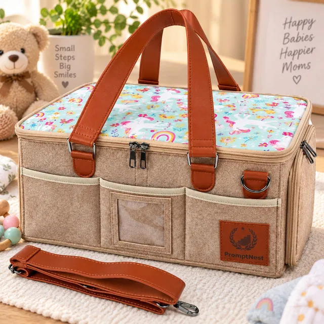 PromptNest Felt Diaper Caddy Organizer Bag with Lid, 520 GSM 8 Outer Pockets, Detachable Dividers & Shoulder Strap