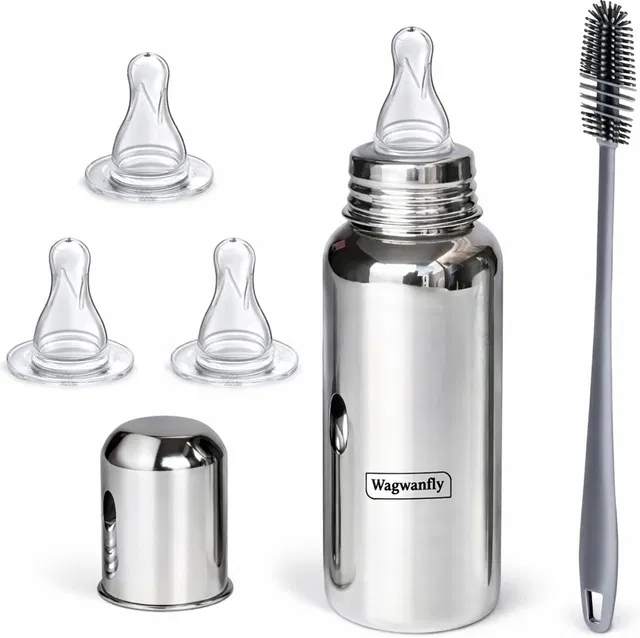 Wagwanfly Steel Baby Feeding Bottle with Cleaning Brushes 1 Nipple Free - 240 ml