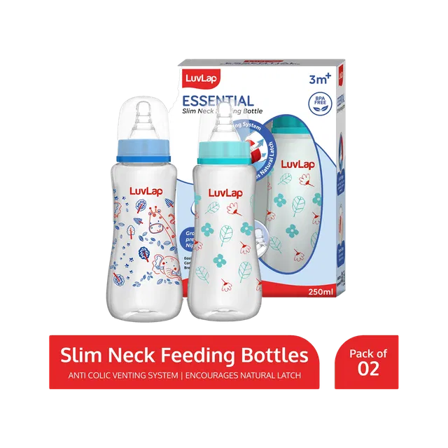 LuvLap Anti-Colic Slim Neck Essential Baby Feeding Bottle, Jungle Tales Pack of 2 - 250 ml