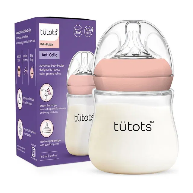 tutots Comfort Anti-Colic Wide Neck BPA Free Baby Feeding Bottle with Spiral Nipple - 150 ml