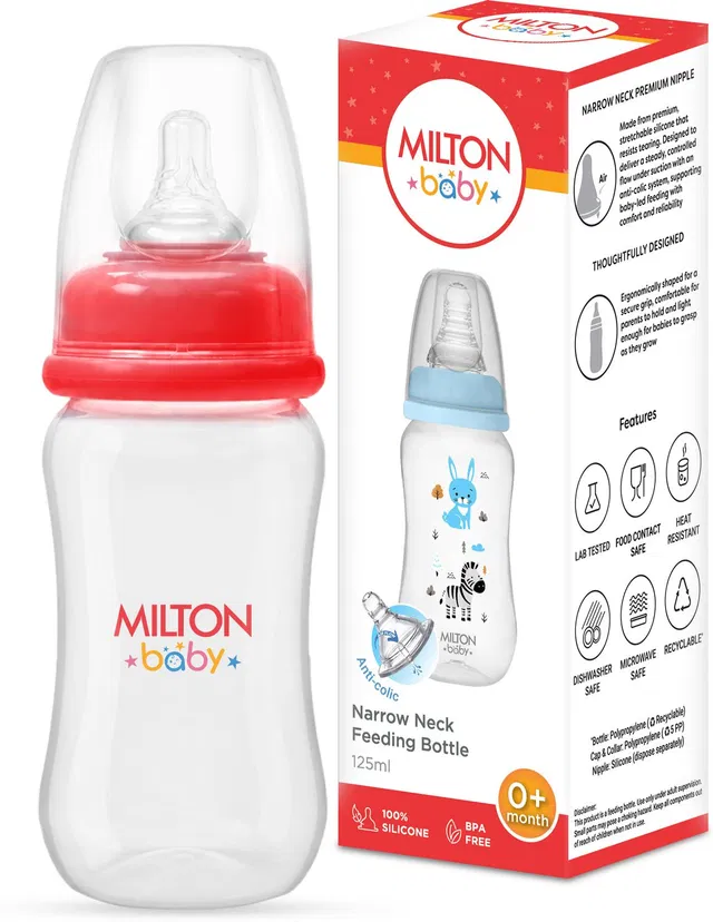 Milton Baby Narrow Neck Feeding Bottle 125ml, Anti-Colic, BPA Free, 0+ Months, Red - 125 ml