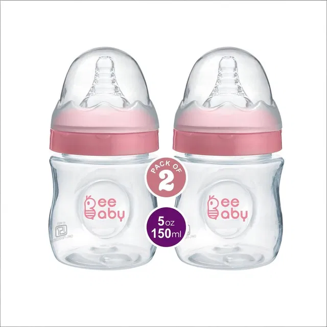 Beebaby Ease Wide Neck Baby Feeding Bottle with Anti-Colic Teat (Pink) (Pack of 2) - 150 ml