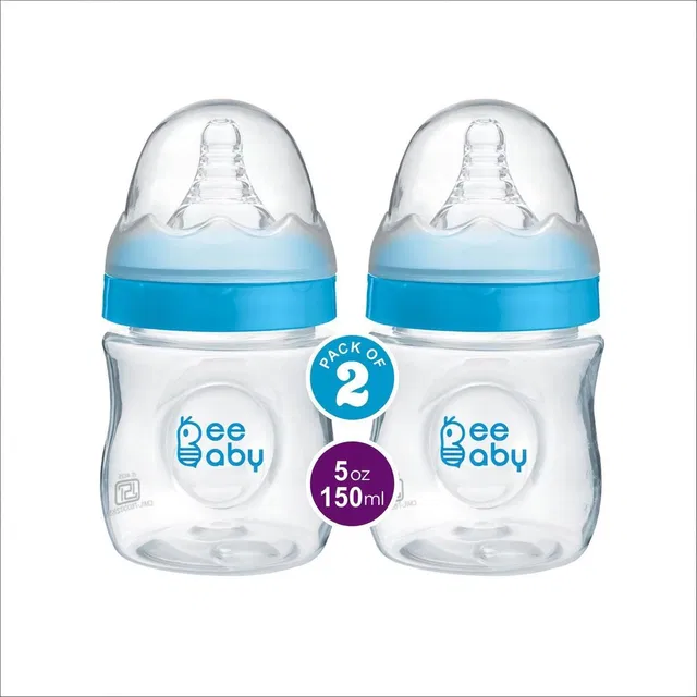 Beebaby Ease Wide Neck Baby Feeding Bottle with Anti-Colic Teat (Blue) (Pack of 2) - 150 ml