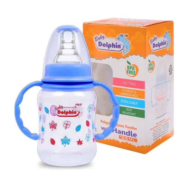 Baby Dolphin Anti-Colic Slim Neck Baby Feeding Bottle with Handle, BPA Free, Milk Bottle, 3m+ - 125 ml