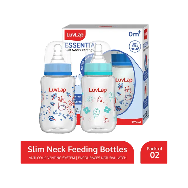 LuvLap Anti-Colic Slim Neck Essential Baby Feeding Bottle, Jungle Tales Pack of 2 - 125 ml