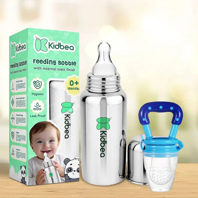 Kidbea Stainless Steel Infant Baby Feeding Bottle,Blue silicon Fruit Feeder BPA Free - 250 ml