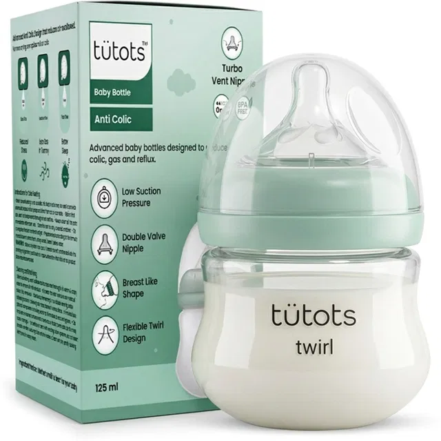 tutots Twirl Anti-Colic Wide Neck BPA Free Baby Feeding Bottle with Turbo Vent Nipple - 125 ml