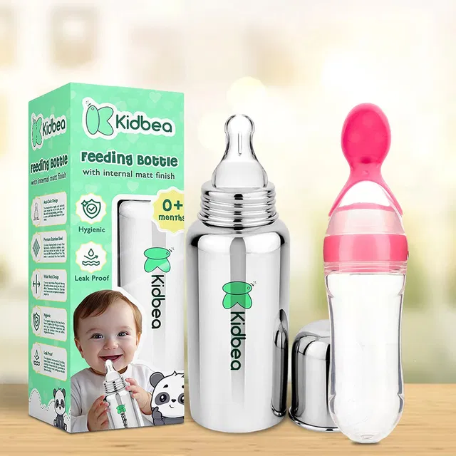 Kidbea Stainless Steel Infant Baby Feeding Bottle,Blue silicon Fruit Feeder BPA Free - 250 ml
