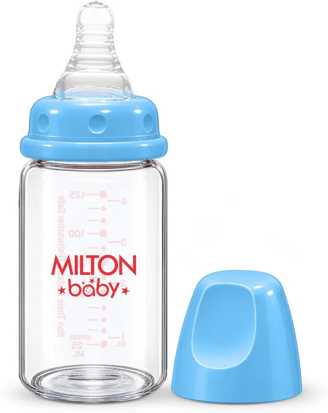 Milton Baby Glass Feeding Bottle For New Born 125 ml I Silicone Nipple 0+ Months I Slow Flow - 125 ml