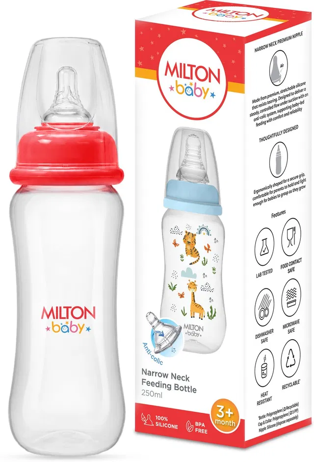 Milton Baby Narrow Neck Feeding Bottle 250ml, Anti-Colic, BPA Free, 3+ Months, Red - 250 ml