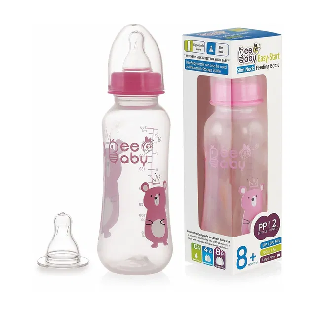Beebaby Easy-Start Feeding Bottle with 2 Gentle Touch Nipples,100% BPA FREE - Pink - 250 ml