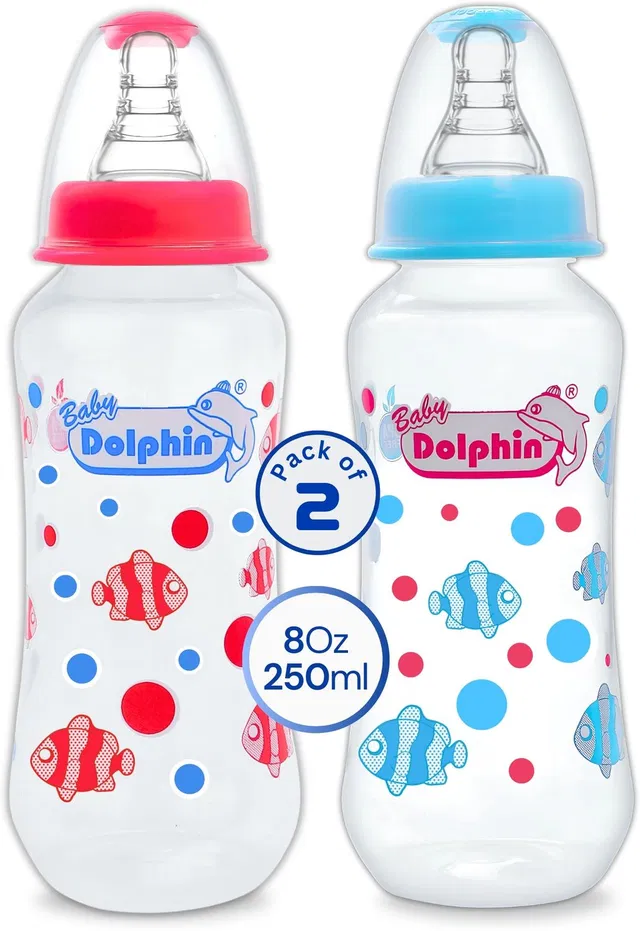 Baby Dolphin Anti-Colic Slim Neck Baby Feeding Bottle | Pack of 2 | BPA Free | 3m+, Fish - 250 ml