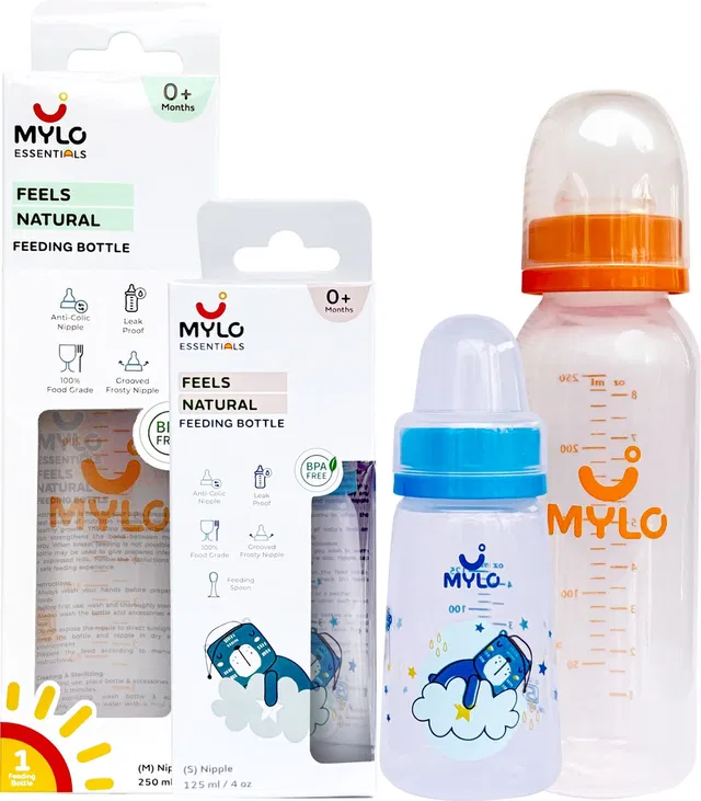 MYLO Baby Feeding Bottles for New Born Babies with Spoon | Anti Colic - (125+250ml) - 375 ml