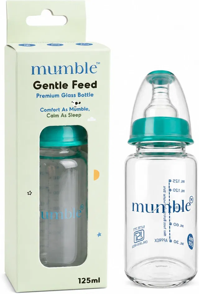 MUMBLE Baby Glass Feeding Bottle Anti-Colic | BPA Free | Soft Silicone Nipple | - 125 ml