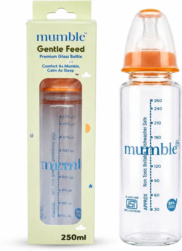 MUMBLE Borosilicate Glass Baby Feeding Bottle with Anti-Colic Soft Silicone Nipple - 250 ml