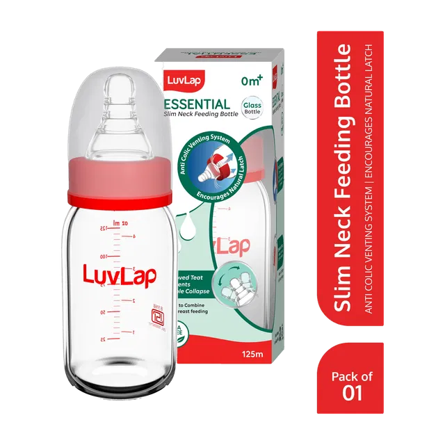 LuvLap Essential Slim Neck Glass Feeding Bottle, Newborns to Toddlers 0M+ Pack of 1 - 125 ml