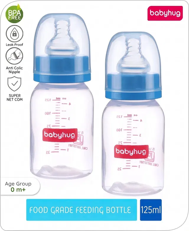 babyhug Anti-Colic BPA-Free Plastic Feeding Bottle for Newborns, Blue, 0+ Months - 250 ml
