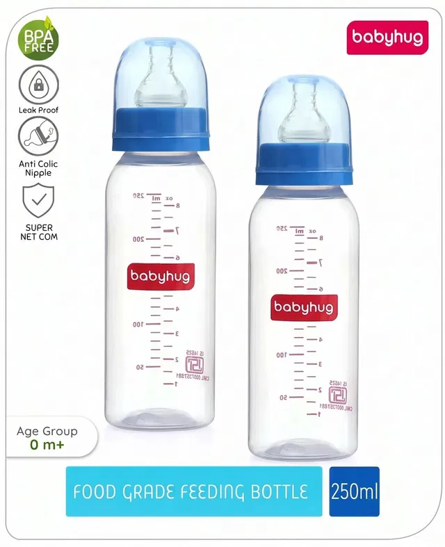 babyhug Anti-Colic BPA-Free Plastic Feeding Bottle for Newborns, Blue, 0+ Months - 500 ml