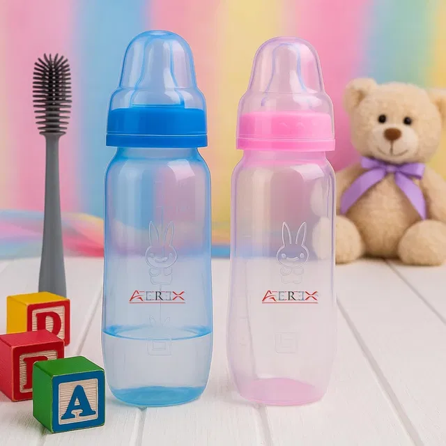 AEREX Baby Feeding Bottles with Silicone Nipples & Cleaning Brush - 100 ml