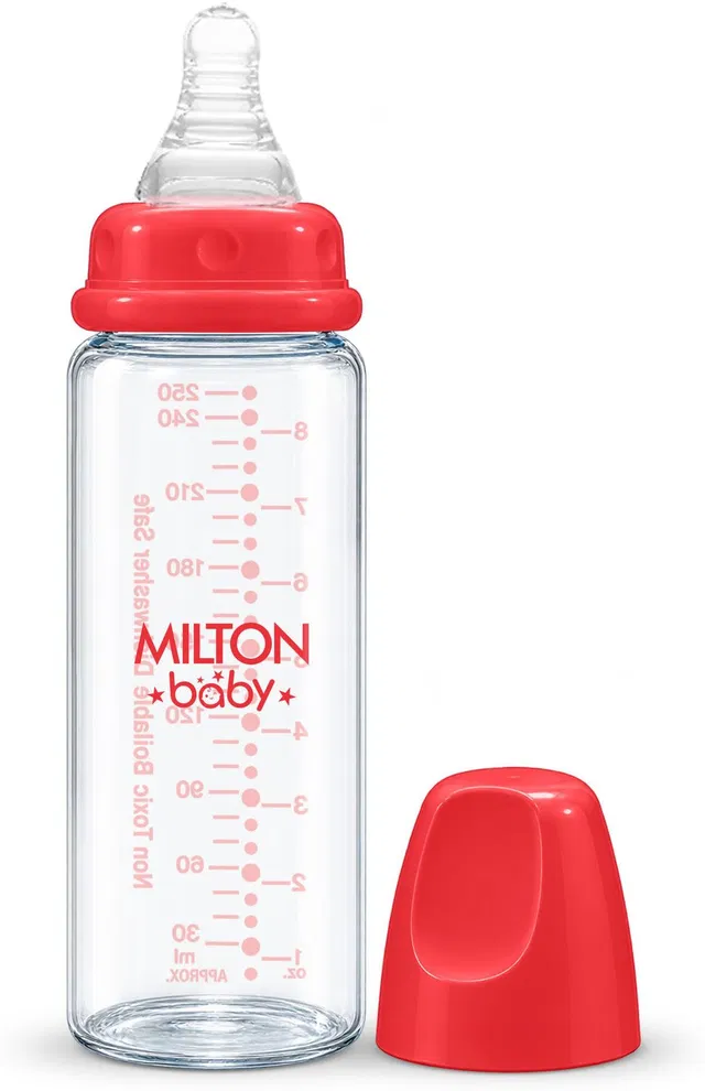 Milton Baby Glass Feeding Bottle For New Born 250 ml Silicone Nipple 0+ Months Medium Flow - 250 ml