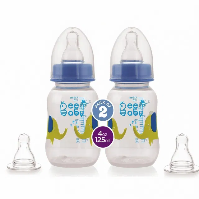Beebaby Easy-Start Feeding Bottle with 4 Nipples, Pack of 2, BPA Free, 4M+, (Blue) - 125 ml