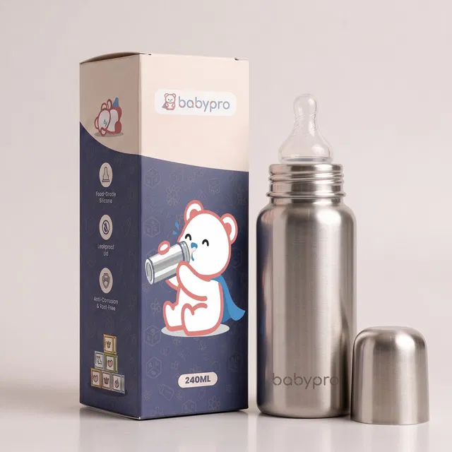 BabyPro Baby Premium Steel Feeding Bottle with Advanced Anti Colic Valve, for Babies - 240 ml