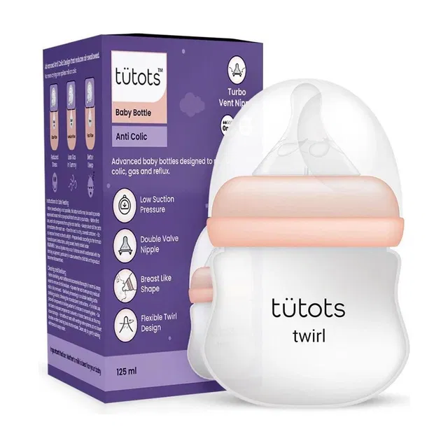 tutots Twirl Anti-Colic Wide Neck BPA Free Baby Feeding Bottle with Turbo Vent Nipple - 125 ml