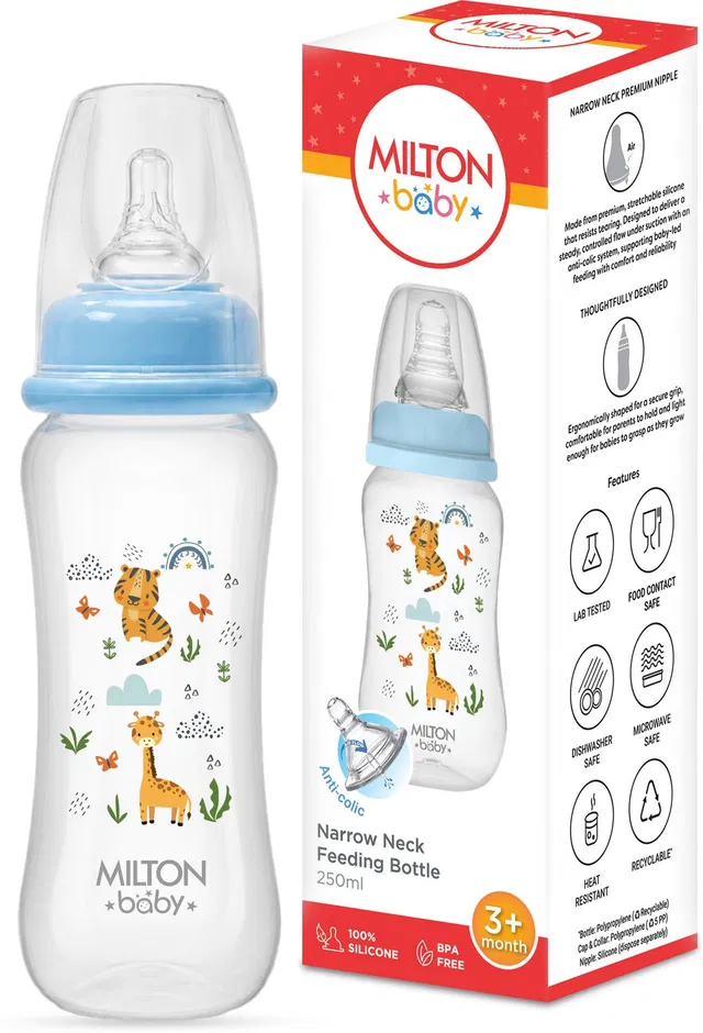 Milton Baby Narrow Neck Feeding Bottle 250ml, Anti-Colic, BPA Free, 3+ Months, Sky Blue - 250 ml