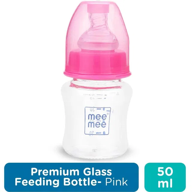 MeeMee Premium Glass Feeding Bottle (50 ml, Pink) - 50 ml