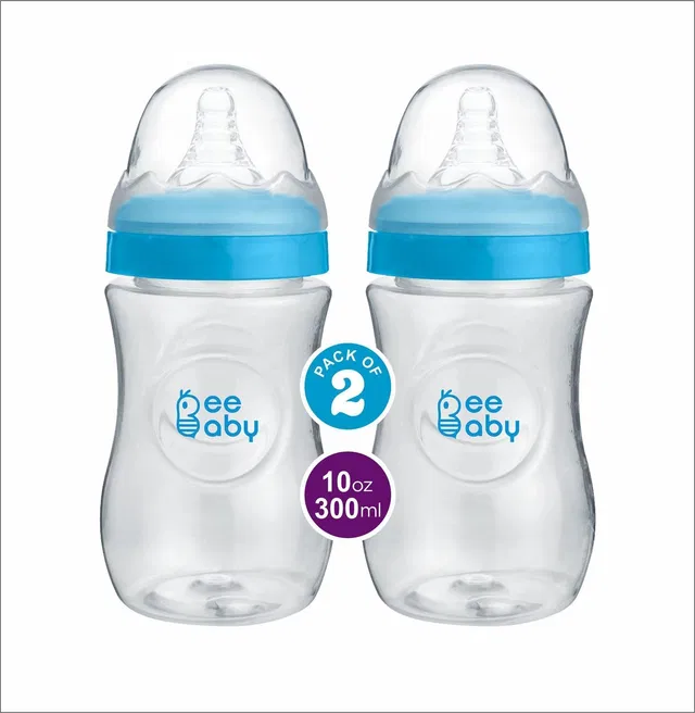 Beebaby Ease Wide Neck Baby Feeding Bottle with Anti-Colic Teat (Blue) (Pack of 2) - 300 ml