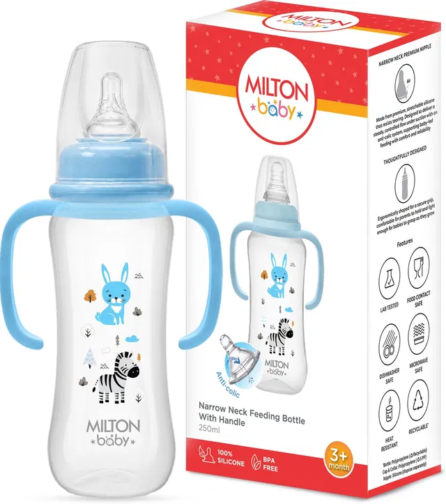 Milton Baby Narrow Neck Feeding Bottle 250ml with Handle, Anti-Colic, 3+ Months, Sky Blue - 250 ml