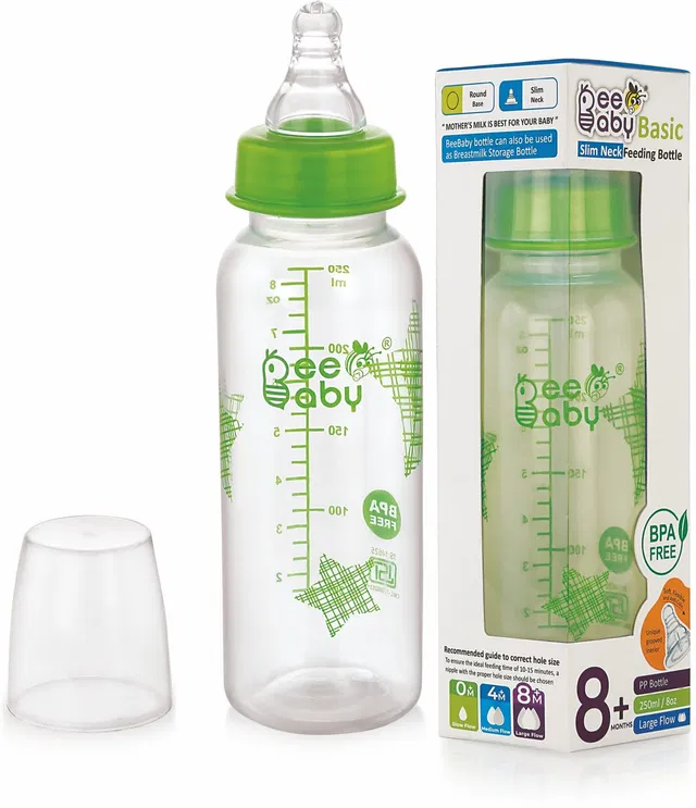 Beebaby Basic Slim Neck Baby Feeding Bottle with Anti-Colic Nipple, BPA FREE, 8M+, Green - 250 ml
