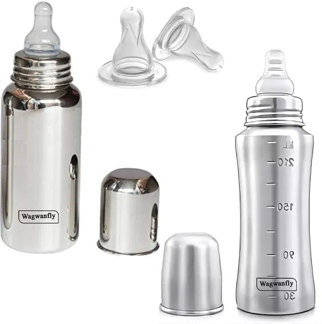 Wagwanfly Steel Feeding Bottle Anti-Colic Slim/Regular Neck Essential Baby Feeding Bottle - 240 ml