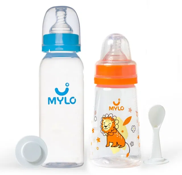 MYLO Baby Feeding Bottles for New Born Babies with Spoon | Anti Colic - (125+250ml) - 375 ml